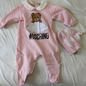 Moschino Baby Pink Teddy Bear Onesie and Hat Set